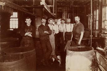 (LEATHER WORKERS) A suite of 12 early photographs depicting workers in a Boston, Massachusetts leather tannery, many with one leg cloth